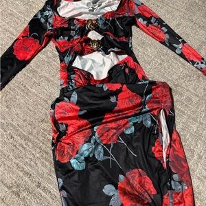 Floral Long Sleeve Dress with Red Roses